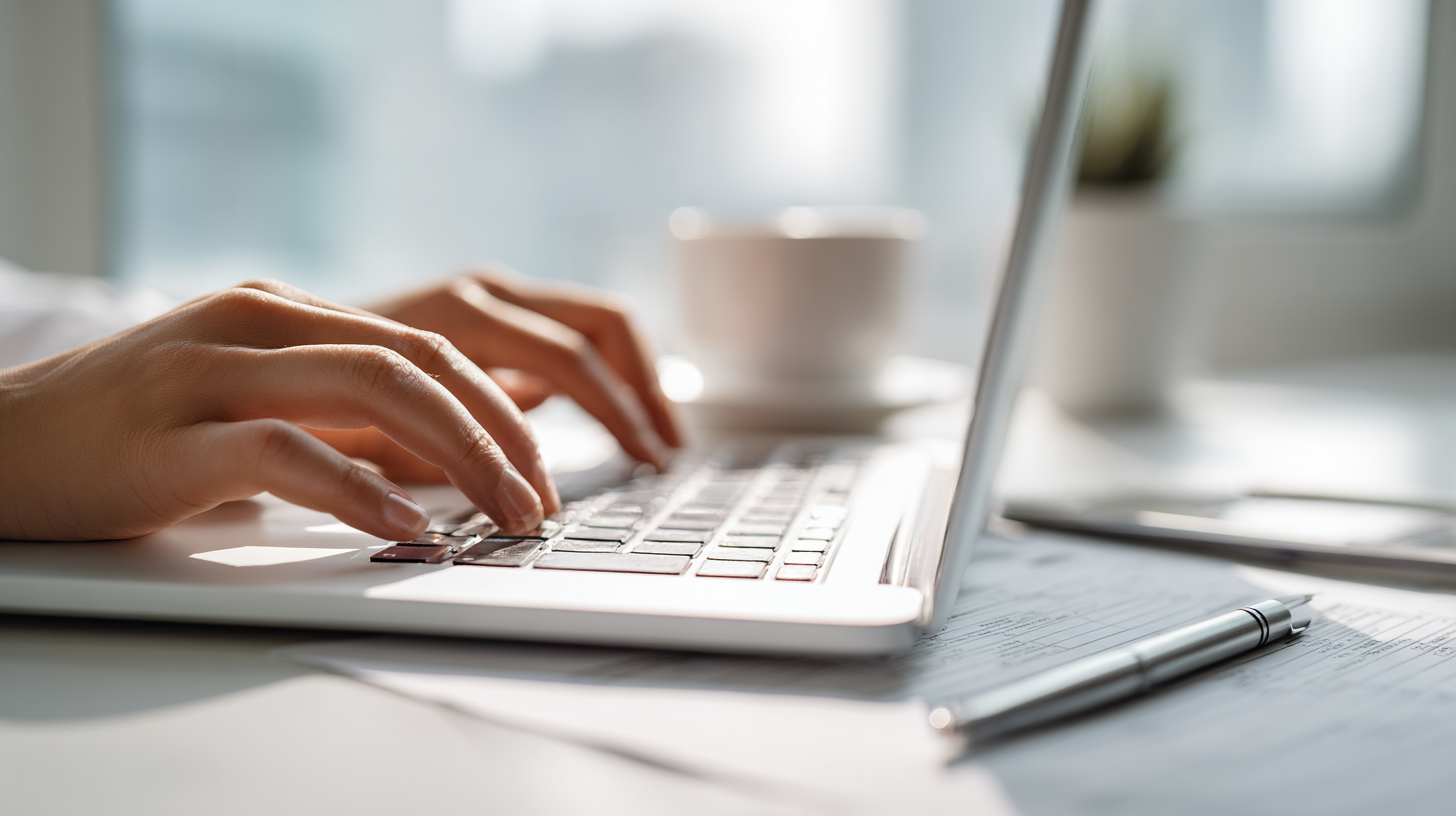 Close-up of hands reviewing printed financial statements on a clean desk with a laptop open to accounting software